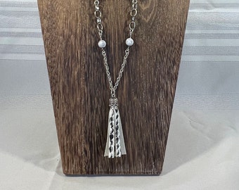 White Howlite and Black spotted tassel Long Necklace