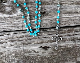 Rosary Turquoise and Blue Jasper Bead Rosary, Rosary Necklace, Catholic Rosary, Confirmation gift, Five Decade Rosary