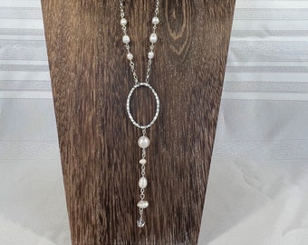 Pearl and Silver Long Necklace, Boho Style