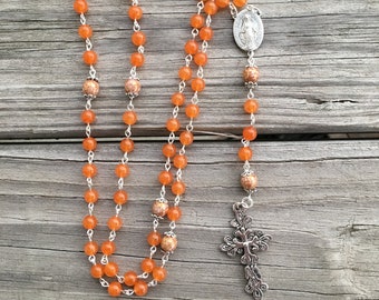 Rosary Orange and Gold Bead Rosary, Rosary Necklace, Catholic Rosary, Confirmation gift, Five Decade Rosary