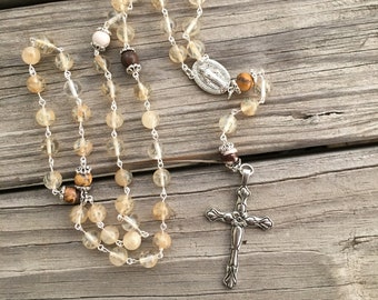 Rosary Clear glass  and  Fancy Jasper Bead Rosary, Rosary necklace, Catholic Rosary, Confirmation gift, Five Decade Rosary