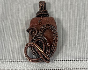 Wire Wrapped Pendant, Copper wire with natural brown jasper gemstone center