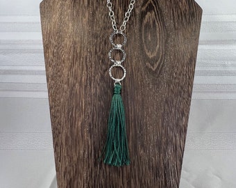 BOHO Long Tassel Necklace, Silver chainmail, Dark Gray Tassel