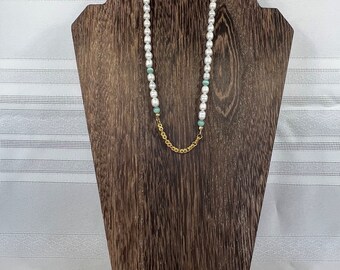 Boho Pearl and Seafoam green cat eye necklace with Gold