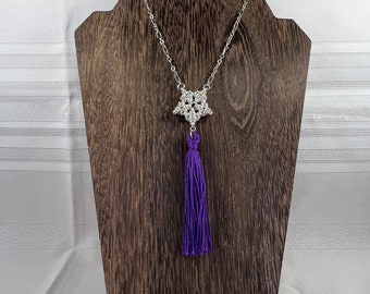 BOHO Long Snowflake Tassel Necklace, Silver chainmail snowflake, Royal Purple Tassel, Silver Chain