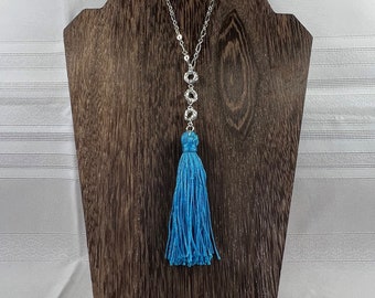 BOHO Long Tassel Necklace, Silver chainmail rosettes, Blue Tassel