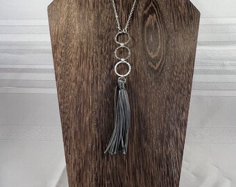 BOHO Long Tassel Necklace, Silver chainmail, Dark Gray Tassel