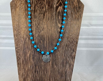 Coin Charm Necklace with blue and dark gray beads