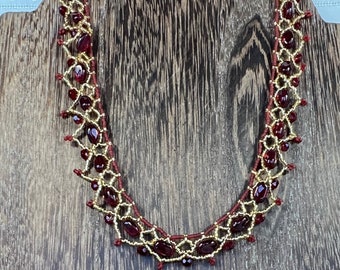 Beaded Lace Elegant Victorian Statement collar necklace with Matching Earrings Red and Gold