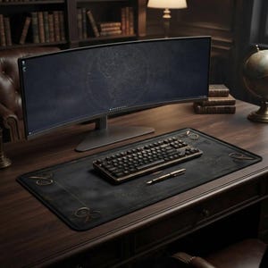 Könnte beinhalten: Ein gebogener Ultrawide-Computermonitor steht auf einem dunklen Holzschreibtisch, zusammen mit einer schwarzen mechanischen Tastatur und einem Metallstift auf einer großen, rechteckigen schwarzen Schreibtischunterlage mit goldenen Akzenten.