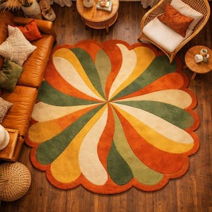 Handmade Abstract Rug, Scalloped Round Wavy Pattern, Orange Green Cream Wool, Hand Tufted Plush Texture, Retro Living Room Statement Decor