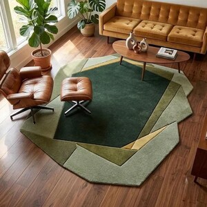 Abstract Geometric Area Rug, Irregular Shape, Green Wool Hand Tufted Rug, Mid Century Modern Style, Living Room Rug