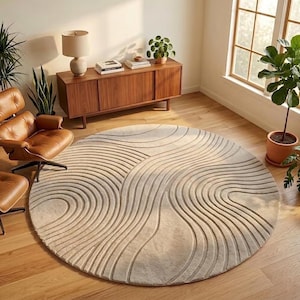 Abstract Wave Rug, Round Swirl Circle Pattern, Beige Cream Ivory Wool, Hand Tufted Textured 3D Carved, Living Room Bedroom Carpet