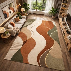 Abstract Wavy Area Rug, Large Wave Pattern, Orange Green Cream Hand Tufted Wool, Retro Modern Texture, Cozy Living Room Bedroom Decor Rug