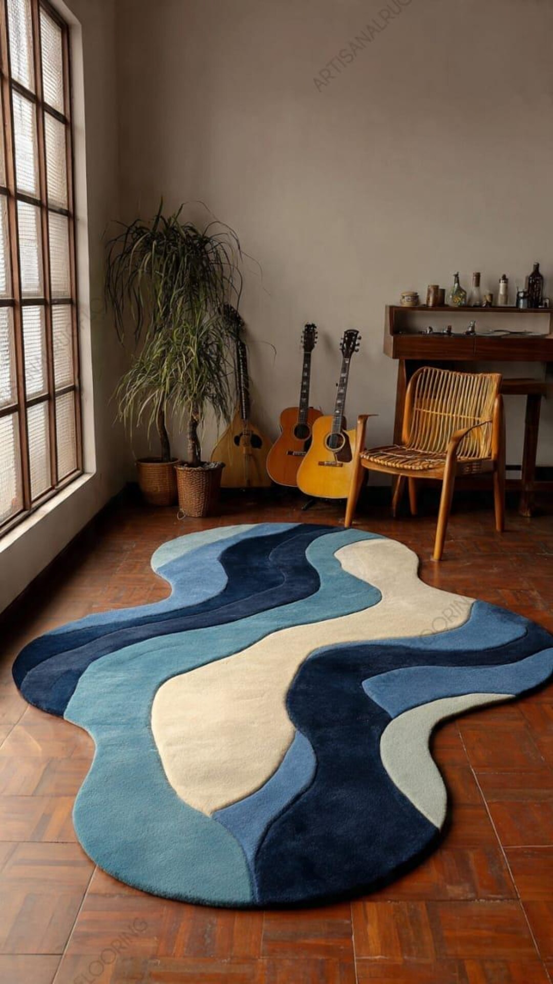 Modern Abstract Organic Shape Area Rug | Blue & Cream Contemporary ...