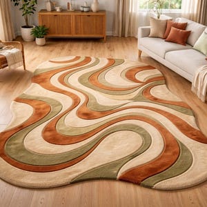 Handmade Abstract Rug, Wavy Area Rug, Orange Green Cream Wool, Hand Tufted Shag, Mid Century Modern Decor, Large Living Room Statement Rug