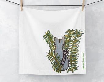 Gray Cat Ferns Face Towel | Botanical Cat Illustration, Polyester Cotton Blend