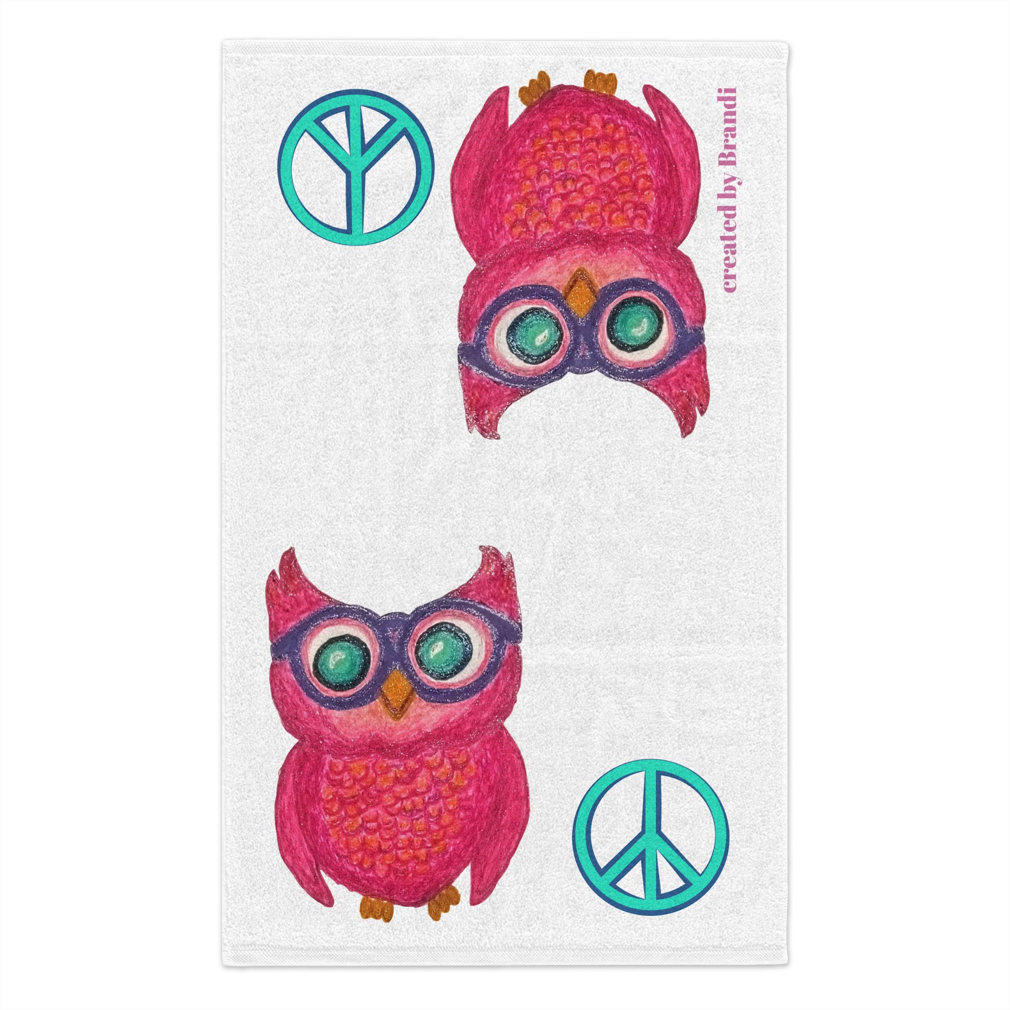 hand towel Pink Owl with Glasses Peace Signs bathroom Towel | 11x18