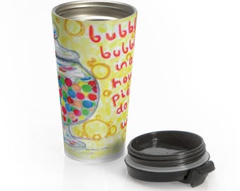 Taza de viaje con diseño de máquina expendedora de chicles y burbujas de colores.