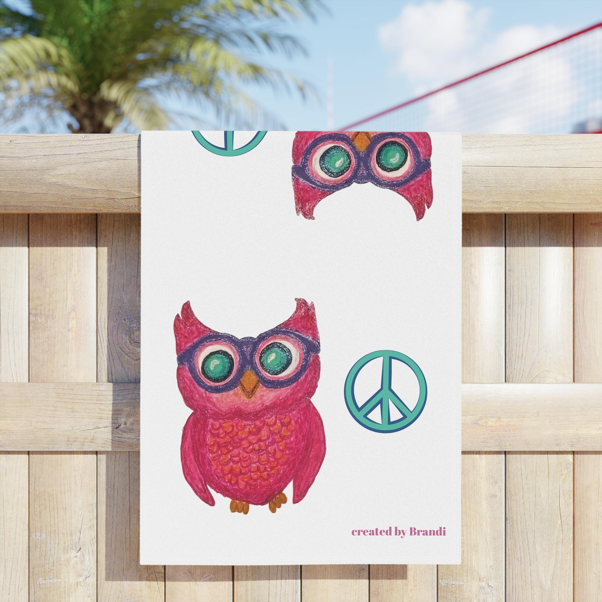 Pink Owl Peace Sign Beach Towel | Cute Retro Owl Pattern