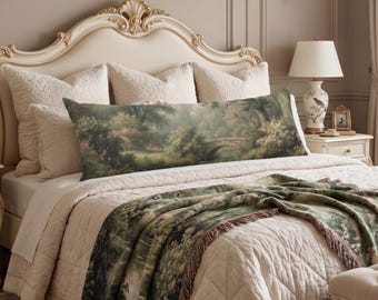 French  Verdure  Body Pillow, Vintage Botanical Long  Lumbar Cushion, Luxury Cottagecore  Long Pillow