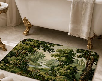 Verdure Tapestry Bath Mat, Medieval Forest Bathroom Rug, Botanical Woodland Bath Rug, Cottagecore Bathroom Decor, French Country Bath Mat
