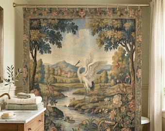 Verdure  Shower Curtain | Medieval Heron Tapestry Style | Boho Shower Curtain | French Country Bathroom