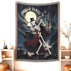 Personalized Halloween  Skeleton Couple Tapestry, Gothic Vampire Castle Moonlight Throw, Whimsigoth Dark Academia Decor