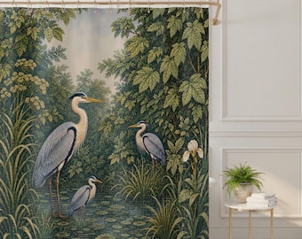 Heron Shower Curtain, Vintage Botanical Bird Print , Wetland Nature Bathroom Decor, Cottagecore Maximalist Shower Curtain