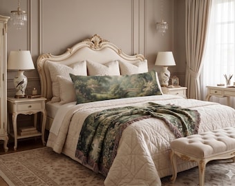 French  Verdure  Body Pillow, Vintage Botanical Long  Lumbar Cushion, Luxury Cottagecore  Long Pillow