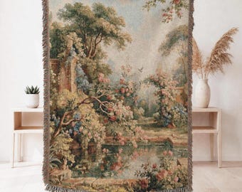 Verdure Tapestry Woven Blanket, Botanical Garden Throw, Cottagecore Fringe Blanket, French Country Floral Throw, Bohemian Luxury Home Decor