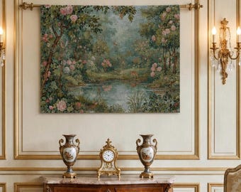 Pink Floral Medieval Wall Hanging | French Verdure Tapestry | Grandmillenial Cottagecore Decor