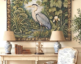 Medieval Blue Heron Tapestry, Antique Wall Hanging, Dark Academia Decor, Bird Lover Gift, French Country Home Art