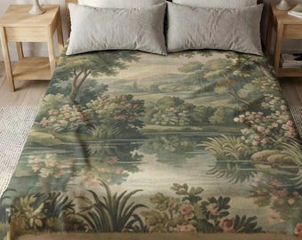 Verdure Tapestry Coverlet, French Tapestry Bedspread, Botanical Quilted Coverlet, Cottagecore Bedding, Heirloom Bedroom Decor