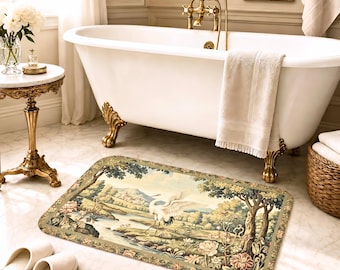 Heron Bath Mat, Tapestry Style Bathroom Rug,  Grandmillennial Bathroom Decor, Dark Academia Bath Mat