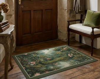 Pink Floral Verdure Area Rug | French Tapestry Vintage Carpet | Cottagecore Decor