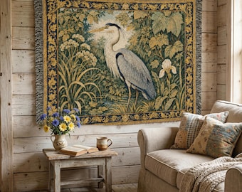 Medieval Blue Heron Woven Blanket , Antique Wall Hanging, Dark Academia Decor, Bird Lover Gift, French Country Home Art