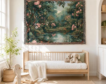 Verdure Woven Blanket | Pink Floral Medieval Throw | Grandmillenial Cottagecore Decor Gift
