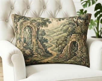 Vintage Tapestry Landscape Lumbar Pillow,Rustic Cottagecore Decor,French Verdure Design