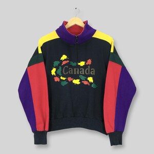 Vintage 90s Canada Color Block Quarter Zip Sweatshirt Small Retro Printed Maple Leaf Souvenir Jumper Gorpcore Streetwear Souvenir Sweater S