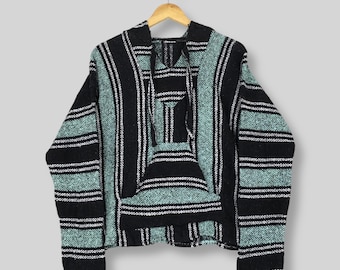 Suéter com capuz vintage mexicano Baja, tamanho médio, anos 90, tecido mexicano com listras multicoloridas, estilo poncho mexicano Baja.