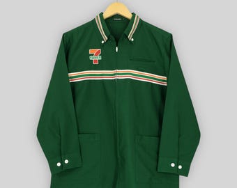 Camisa vintage Y2K de 7-Eleven Japón para trabajadores, mediana, camisa verde con cremallera de tienda de conveniencia 7-Eleven, camisa informal de poliéster con rayas de 7-Eleven para trabajadores, talla M