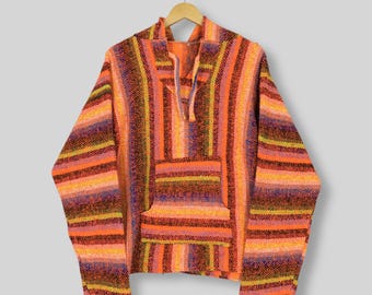 Vintage Mexican Baja Ethnic Hoodie Sweater Large 1990s Woven Mexican Stripes Pullover Sweater Mexican Poncho Baja Hoodie Jacket Size L