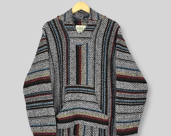 Suéter com capuz vintage mexicano Baja, tamanho GG, estilo anos 90, tecido mexicano listrado multicolorido, poncho mexicano, jaqueta com capuz Baja, tamanho GG