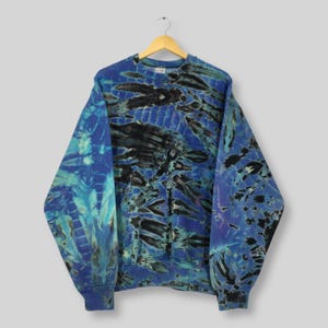 Vintage 1990s Fruit Of The Loom Tie Dye Sweatshirt Large FOTL Sportswear Bleached Crewneck Blue Tie Dye Pullover Boxy Sweater Size L