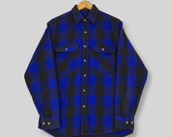 Vintage 1990s Blue and Black Buffalo Plaid Flannel Shirt Large Heavyweight Cotton Checked Button Up Workwear Lumberjack Grunge Size L