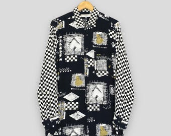 Camisa vintage de rayón psicodélica para hombre, talla grande, con estampado barroco novedoso, estilo retro abstracto, de manga larga, talla L.