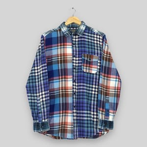 Vintage Japanische Marke Patchwork Flanellhemd Medium Uniqlo Japan Multicolor Recreate Kariertes Hemd Grunge Indie Boho Rustikal Button Up M