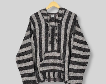 Suéter com capuz vintage mexicano Baja, tamanho G, anos 90, tecido mexicano listrado cinza, estilo poncho mexicano Baja.