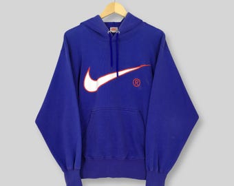 Vintage jaren 1990 Nike Swoosh hoodie sweater grote Nike Swoosh geborduurde logo trui Nike Usa trui Nike Streetwear blauwe trui maat L